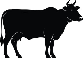 Black cow silhouette grazing near mountain range, minimalist vector illustration, rural farm animal artwork, agriculture design, countryside livestock symbol, nature graphic art