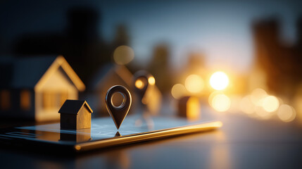 Real estate location intelligence: GPS pin and house icons representing property search map based home listings navigation smart housing location tools geographic property data