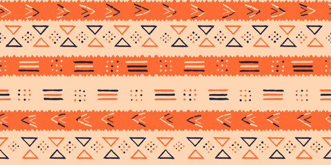 Abstract geometric pattern with horizontal stripes in orange and beige. The orange stripes have jagged edges and contain symbols like arrows, dashes, and dots.