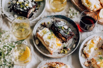 Empty dessert plates and glasses surround a dining table, showcasing leftovers from a lively birthday party. Sweet treats and drinks fill the scene with remnants of joy and laughter