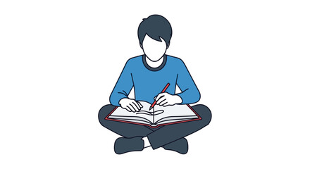 Faceless student drawing in notebook while sitting cross-legged with a red pencil