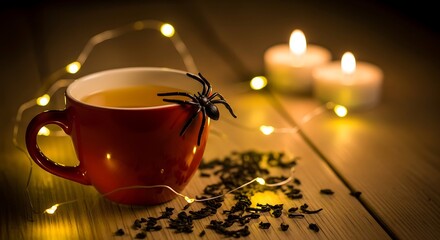 Halloween tea cup spider candles spooky lights still life