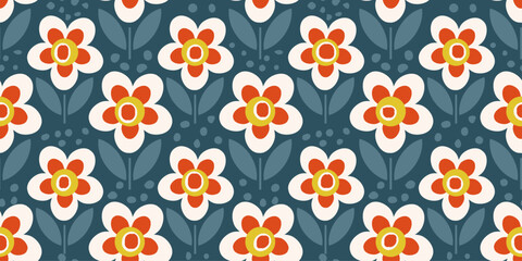 Repeating floral pattern. The flowers have white petals, orange centers, and yellow inner circles.