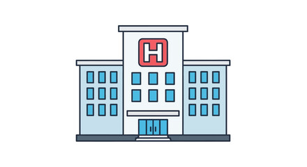 Stylized illustration of a modern hospital building with blue accents on a white background