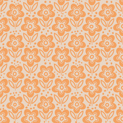 Small orange dots are scattered between the flowers. The flowers have a simple, cartoon-like design with rounded petals and a circular center.