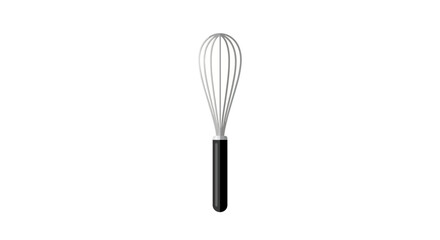 Illustration of a kitchen whisk with stainless steel wires and a black handle on white