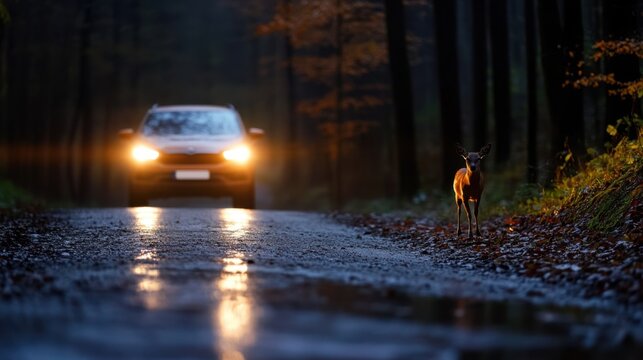 A car swerving to avoid a deer on a forest road at night, showing road safety concerns