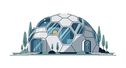 Futuristic geodesic dome house surrounded by minimalistic trees and subtle landscaping