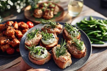 Hands are passing around a selection of appetizers including bruschetta topped with herbs, fried items, and fresh green beans at a lively outdoor event. Guests enjoy flavorful bites