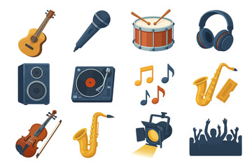 Musical instruments and icons set with guitar, microphone, drum, and more