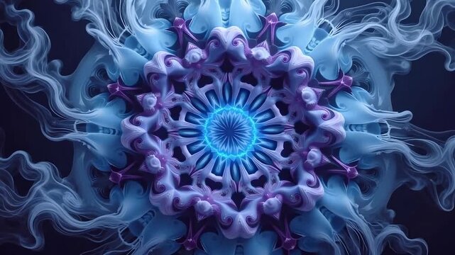 Mesmerizing abstract blue and purple mandala animation with glowing center, perfect for wellness, meditation or spiritual content backgrounds