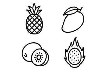 Black and white outline icons of pineapple, mango, kiwi, and dragon fruit