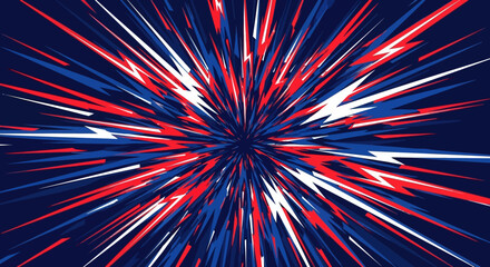 Dynamic explosion of vibrant red, white, and blue lines converging towards a central focal point