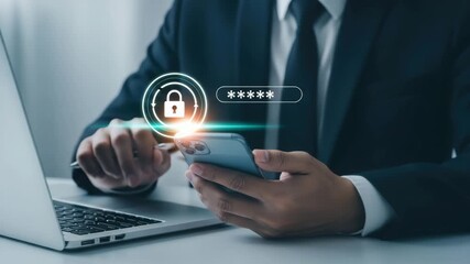 Man entering password on phone with security lock icon - Powered by Adobe
