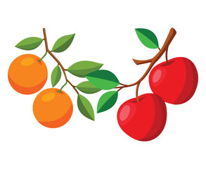 A branch with vibrant oranges and red apples hanging from it
