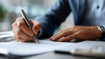 Business contract execution: Businessman working on official paperwork signing legal documents with pen at office desk business contracts management legal agreement processing