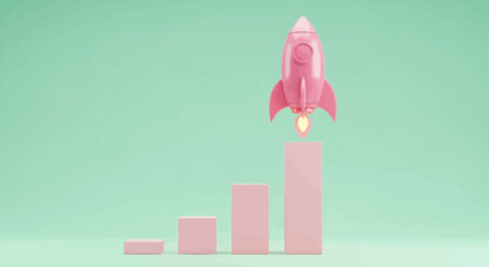 Ascending Heights: A stylized pink rocket taking off from a growing bar chart illustration