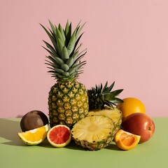 Assortment of ripe tropical fruits pineapple citrus and mangoes with sliced fruits on table