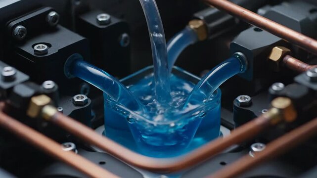 Blue Liquid Flowing Through Precision Tubes in Industrial Machinery