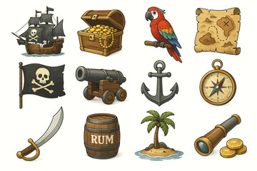 Cartoon pirate icons: ship, treasure, parrot, map, and more adventure elements