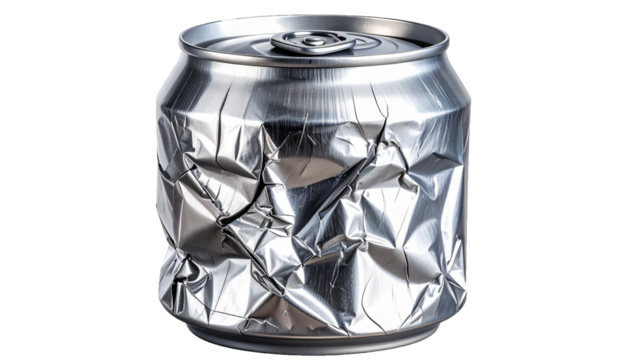 Crushed Aluminum Soda Can with Realistic Metallic Wrinkles and Dents Isolated on Transparent Background
