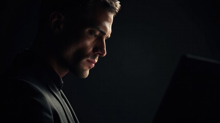 Close up of serious man in low light using computer with focused expression representing cybersecurity and data protection concept