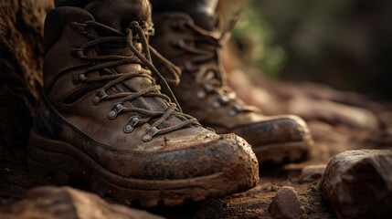 Hiking boots muddy laces, close-up with mud texture, natural light, outdoor survival theme