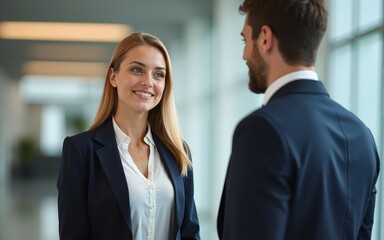 Portrait of beautiful blonde business woman having informal meeting with handsome man in formal-wear at office hall. High quality