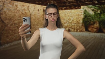 Woman holding smartphone for selfie in studio, arm akimbo and hand visible, wearing white sleeveless top and glasses; skepticism.