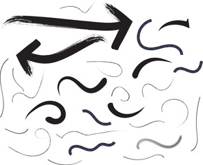 Collection of hand drawn brush stroke arrows and wavy lines on white background