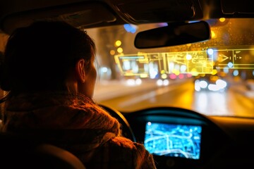 Driver using heads up display and dashboard screen for navigation while driving car at night on urban road