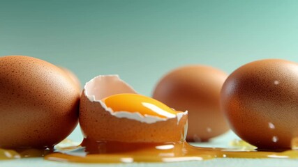 Creative egg cracking and cooking process with splashes and vibrant yolks on a clean surface