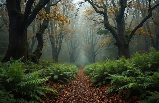 Winding path through autumn forest, covered with fallen brown leaves. Green ferns line forest floor. Tall, old trees with yellow leaves stand in dense, misty fog. Peaceful scene shows raw nature