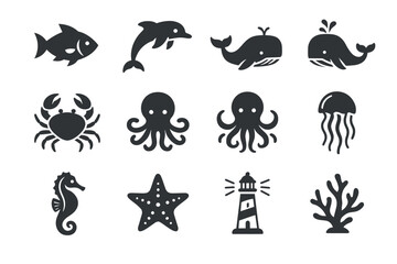 Fototapeta premium Silhouette icons of marine creatures and nautical elements