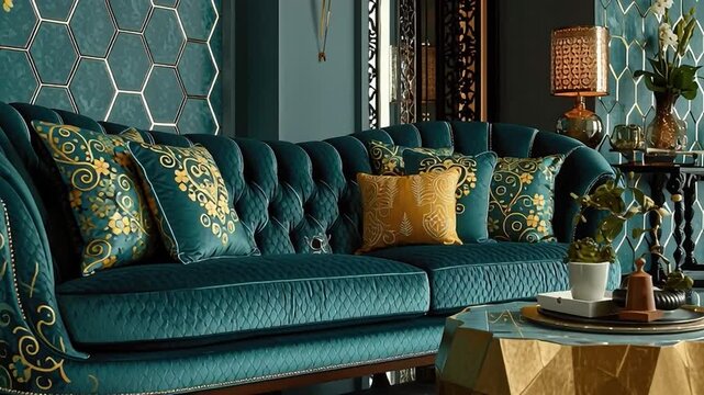Luxurious Interior: A glimpse into a beautifully decorated living space, showcasing a plush, turquoise sofa adorned with decorative pillows, creating a haven of elegance and style.