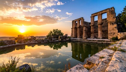 Ancient Ruins Reflecting Sunset - A Timeless Landscape in Libya.