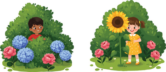 Children in flower garden, sunflower girl, red shirt boy, hydrangea blooms, pink roses, playful nature, outdoor fun, cheerful scene, greenery