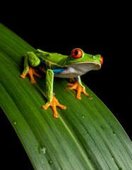 Fototapeta premium Vivid red-eyed tree frog perched on green leaf