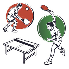 Table Tennis Set. Vector illustrations of ping pong player and table