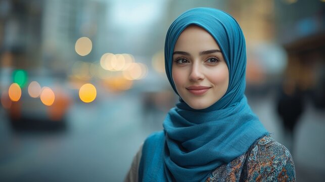 A confident woman in a blue hijab gazes warmly in a lively city street, exuding poise amidst the urban backdrop