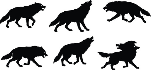 Black wolf silhouettes collection, wild animal vector design, howling wolves illustration, wildlife predator artwork, forest nature symbol, hunting graphic set