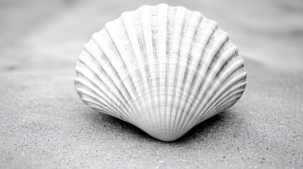 Monochrome seaside composition with a seashell on sand in a macro shot
