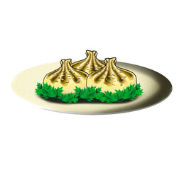 Three dumpling pao bun shape serve on round plate and celery for food decoration