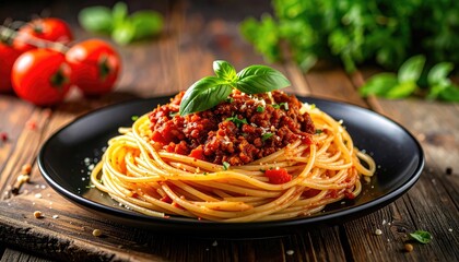 Delicious Spaghetti Bolognese Pasta Dish with Fresh Basil Garnish on Rustic Table.