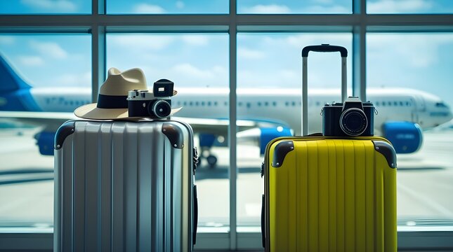 Travel Gear at the Airport: Suitcases and vintage camera gear sit at the airport window, waiting for the adventure to begin. Featuring bright sky, passenger plane.