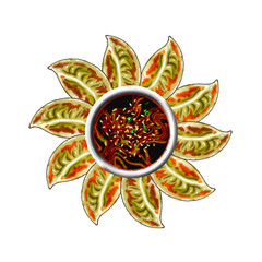 Japanese dumplings gyoza serve in rounded look like flower with bowl of sauce on the center