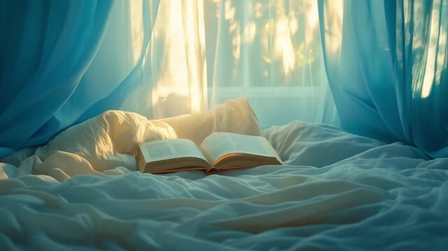 Sunlight Streaming Through Curtains Illuminates Cozy Bed with Open Book in Bright Morning Setting