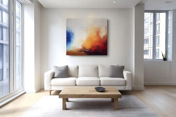 Contemporary interior design featuring a white sofa, wooden coffee table, and a large abstract artwork with blue, orange, and white tones