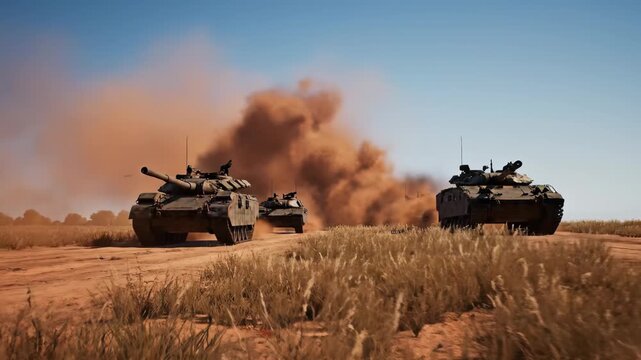 In a dry, sunlit desert, a powerful military tank charges forward, kicking up clouds of dust. The rumble of machinery echoes as it maneuvers skillfully through the rugged terrain.