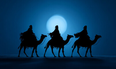Serene silhouette of three wise men and camel on desert journey at night